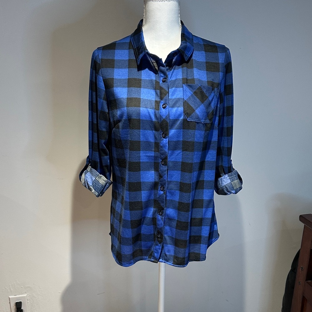 Doublju Blue and Black Plaid Button Down Shirt